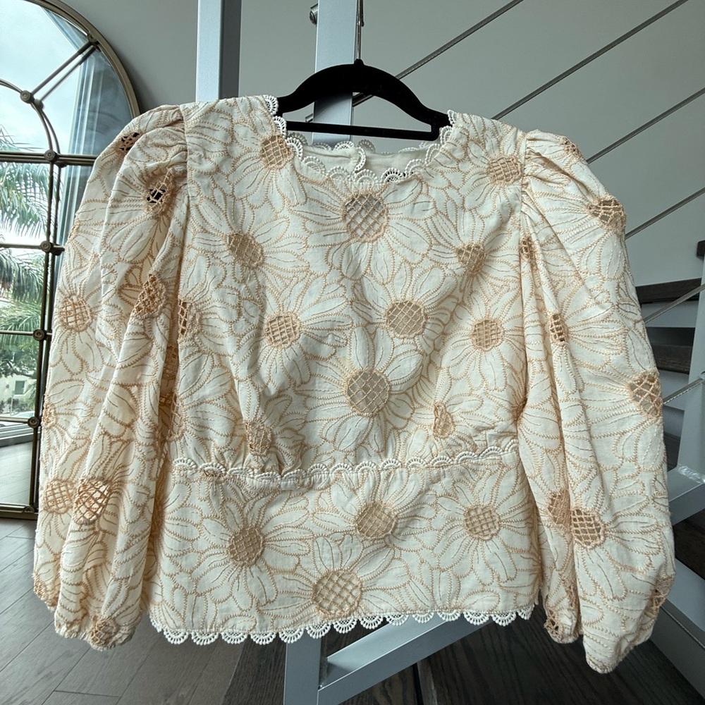 Express Floral Embroidered Puff Sleeve Blouse - Cream and Tan